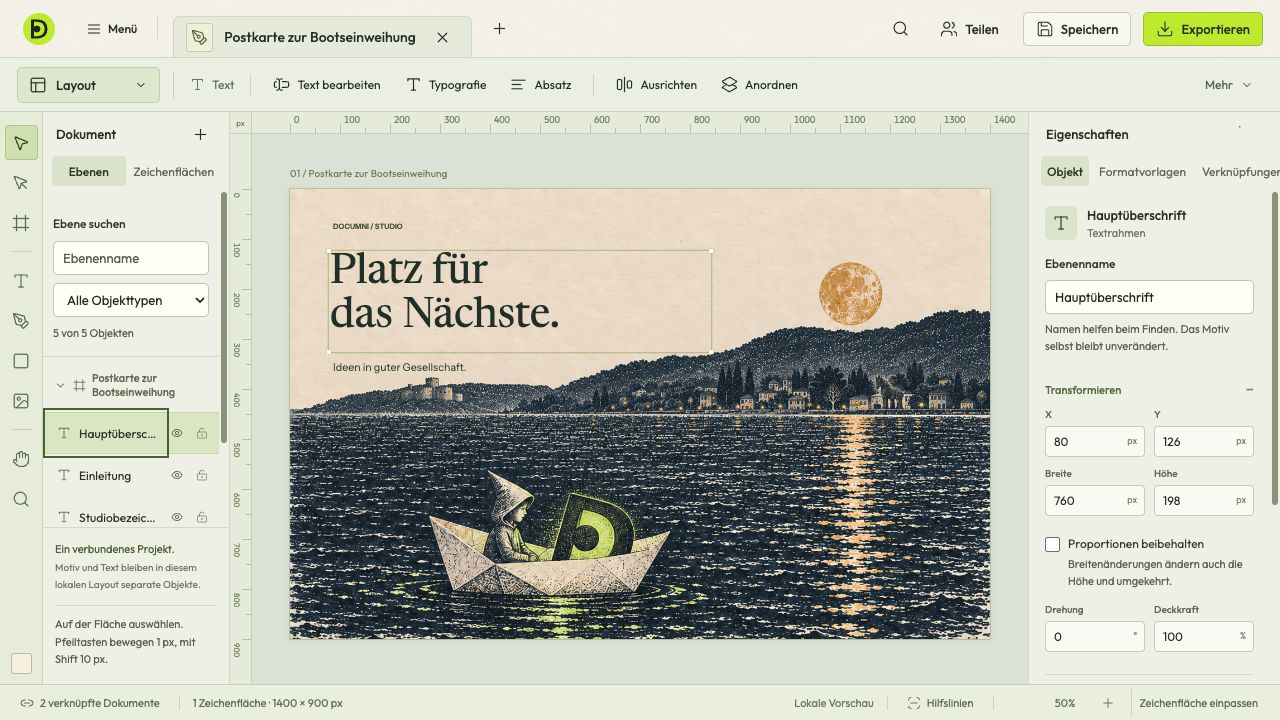 Text und Bilder für Seitenlayouts und Präsentationen anordnen.