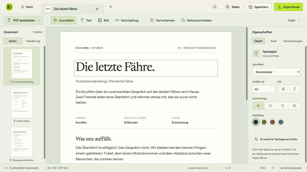 PDF-Arbeitsbereich mit ausgewählter Überschrift und Texteigenschaften