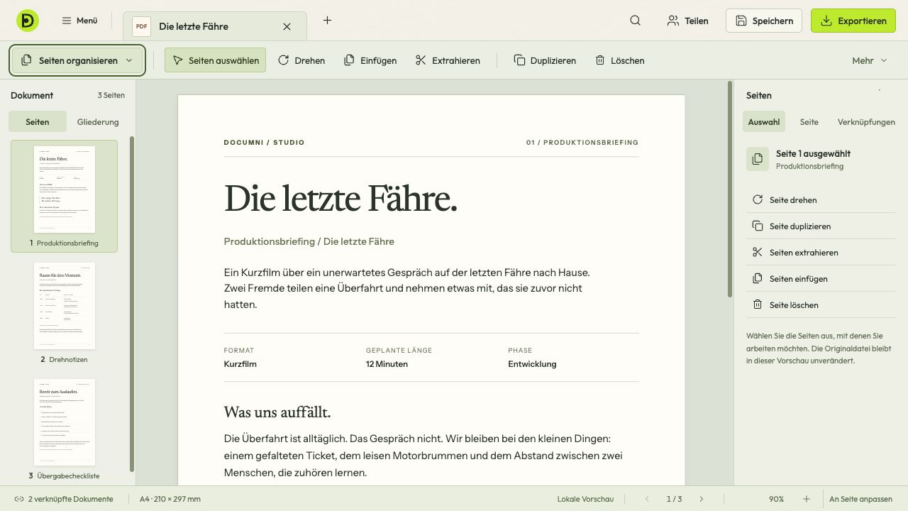 PDF-Dokument und Seitenliste nebeneinander.