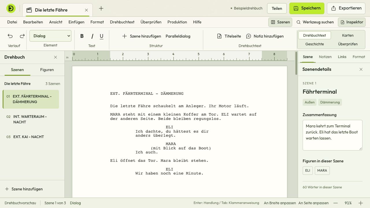 Drehbuch einer Fährgeschichte mit Szenennavigation und Szenendetails