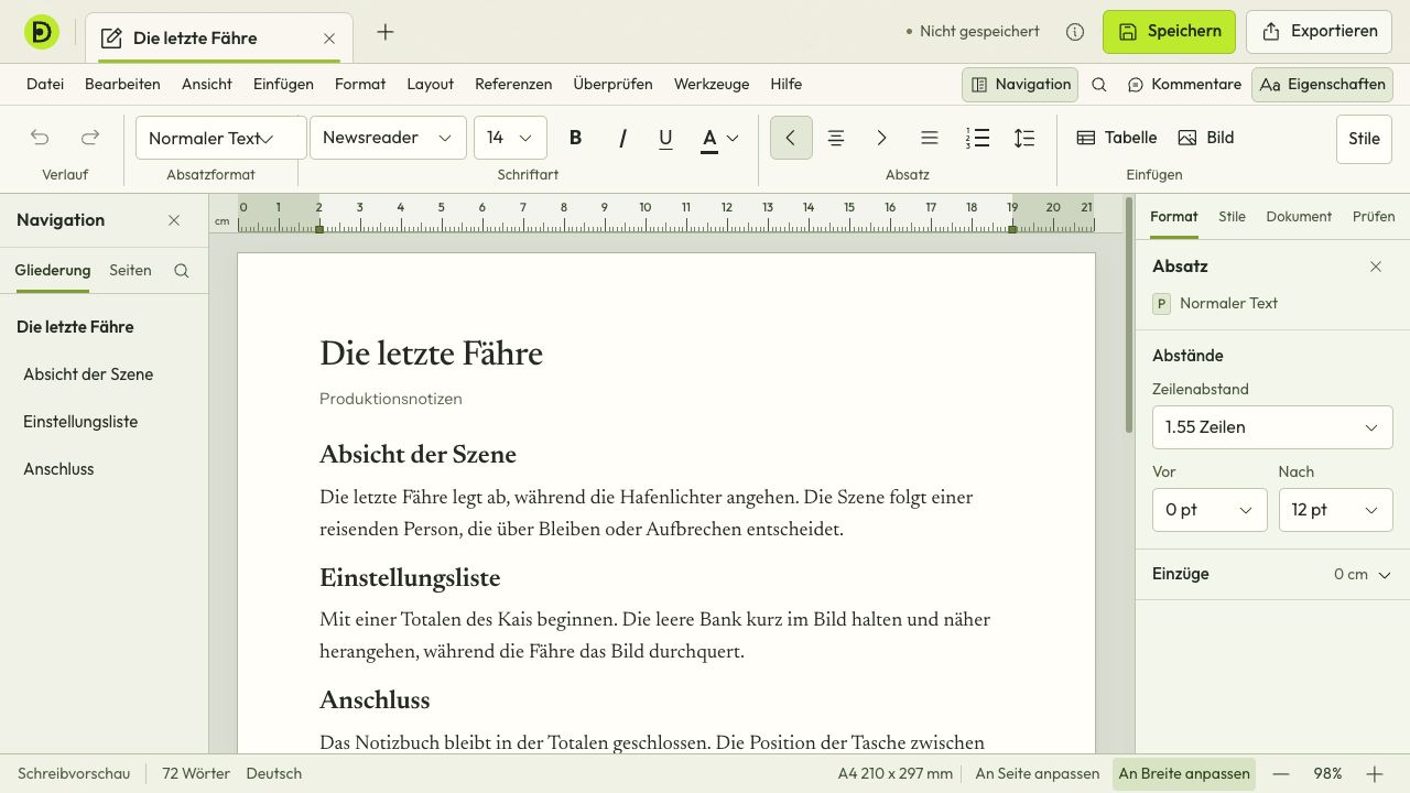 Documnis Textbereich mit Produktionsnotizen und einer Gliederung