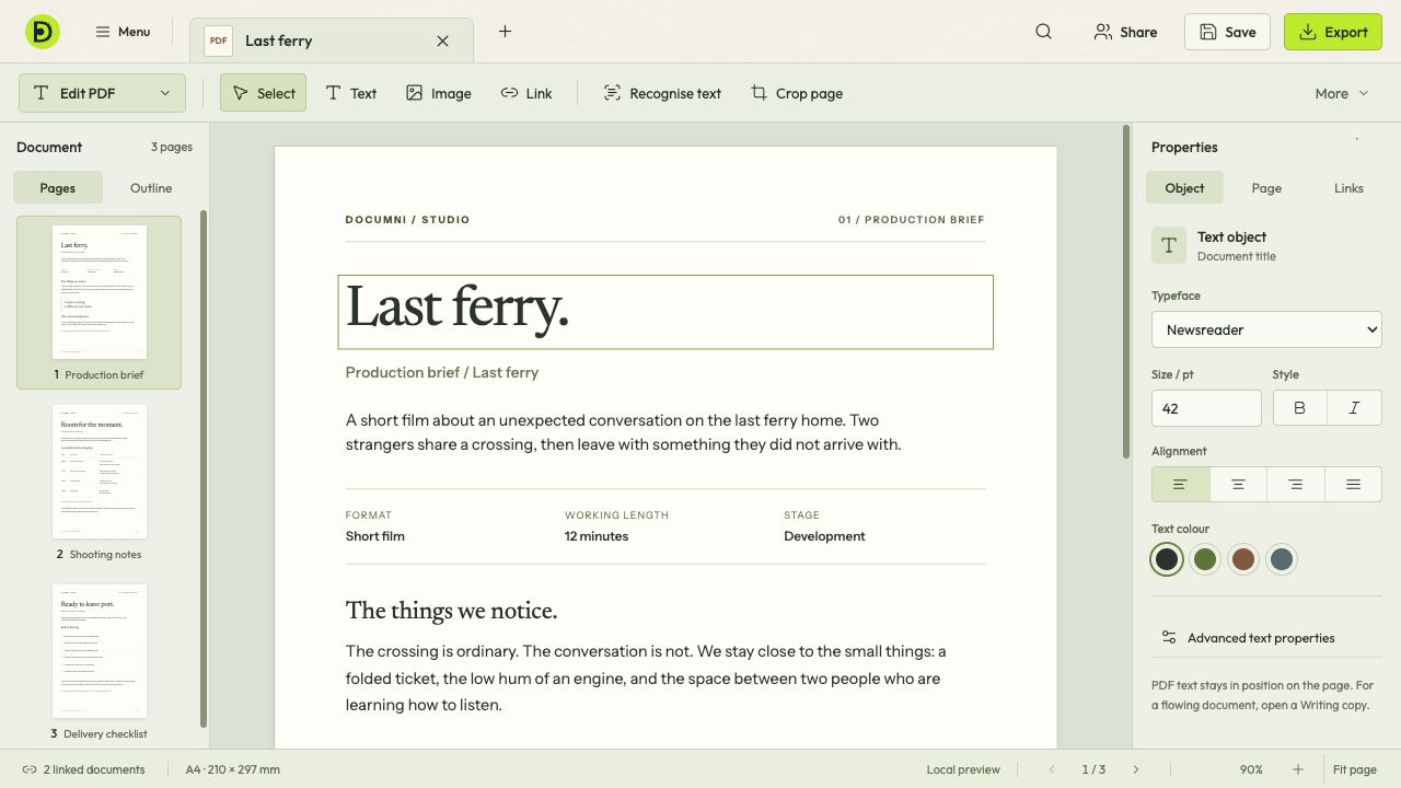 Documni PDF workspace with a selected title and text properties beside a film brief