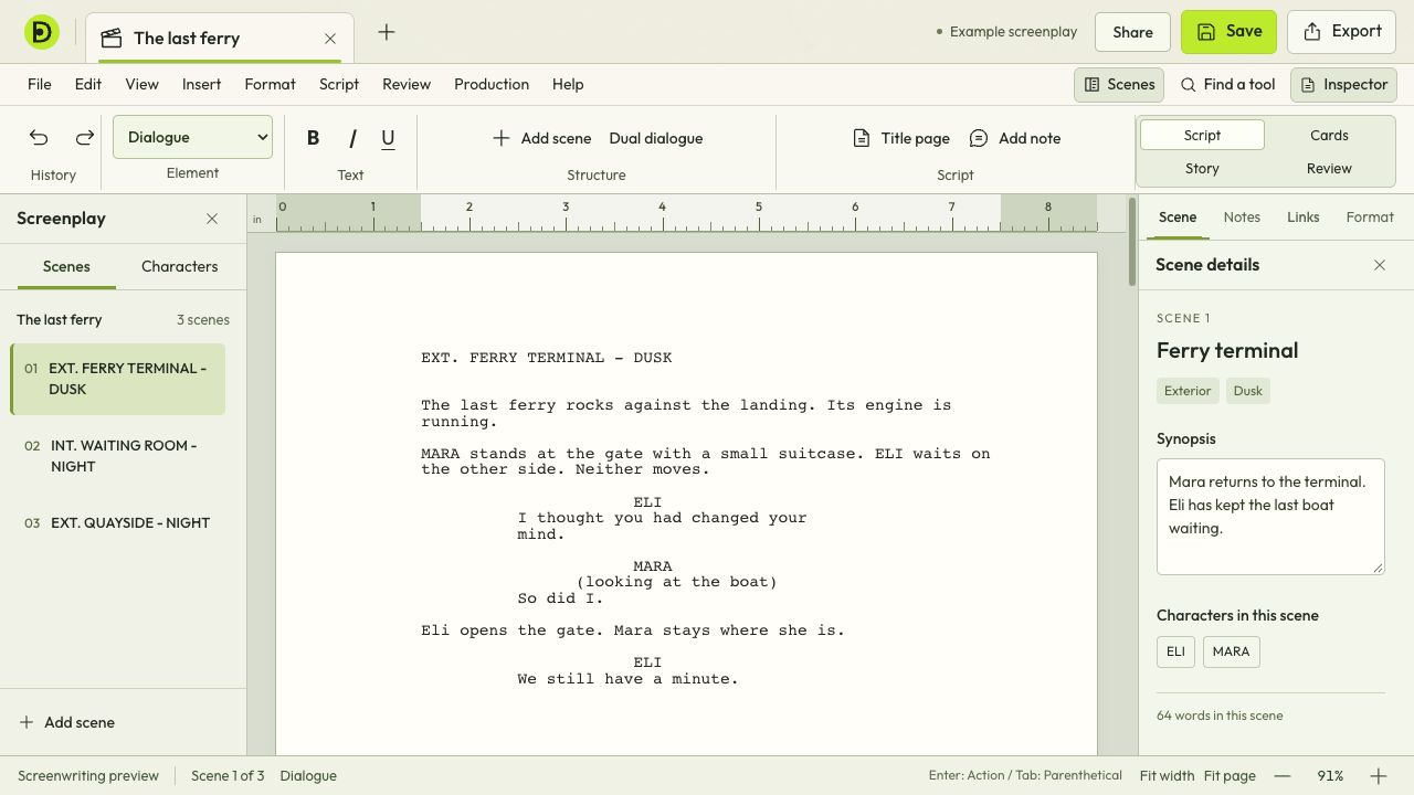 Documni Screenwriting with the screenplay The last ferry, scene navigation and a scene inspector