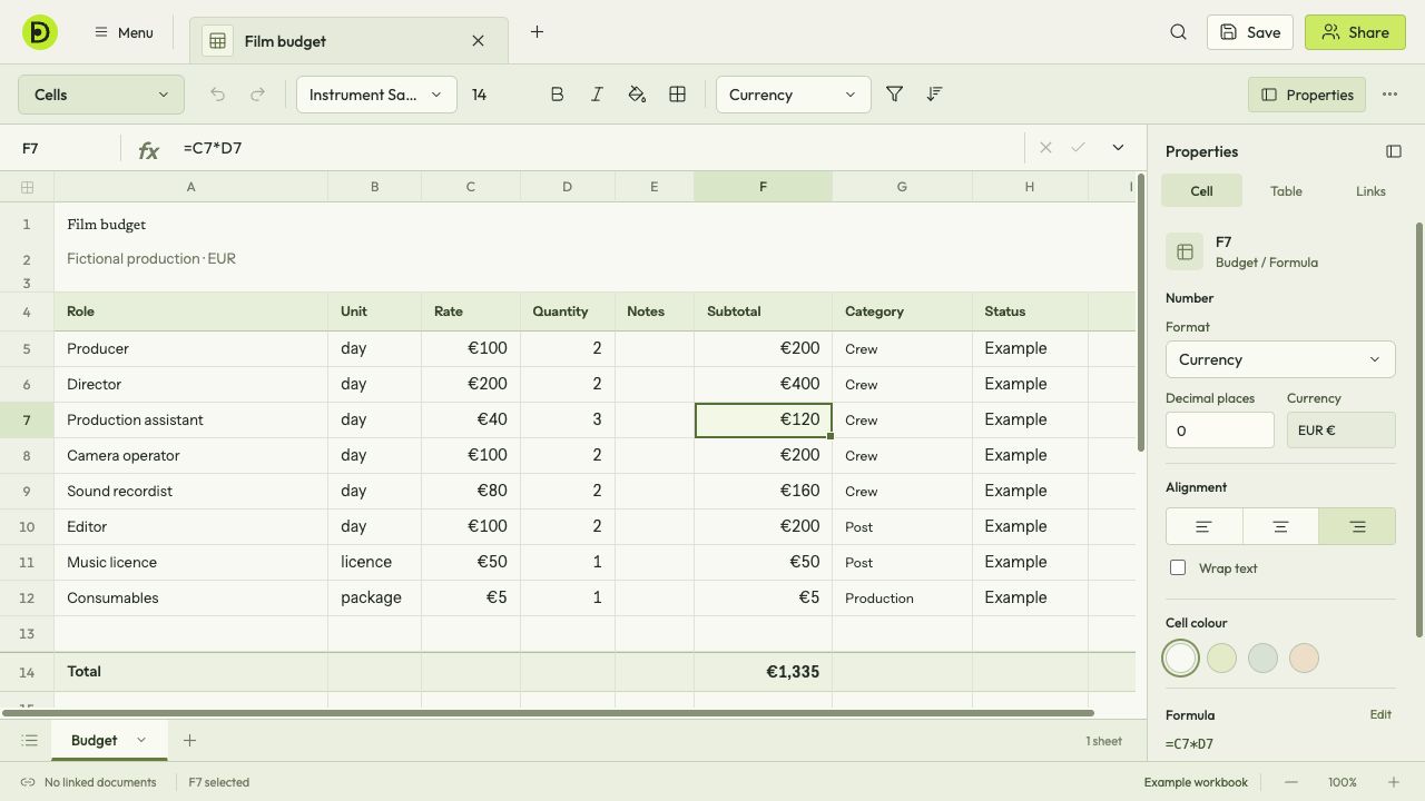 Documni Spreadsheet with a film budget, the formula C7 times D7 and a €120 result