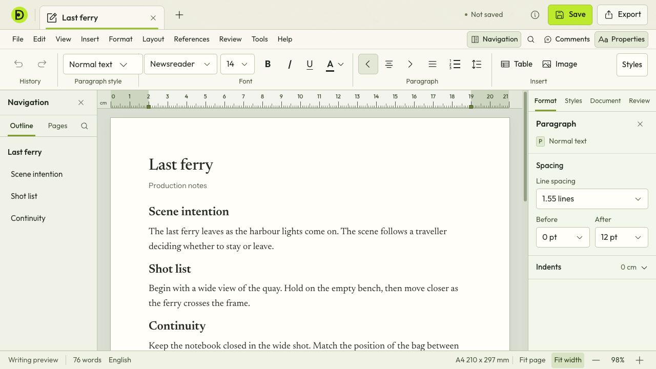 Documni Writing interface with production notes for The last ferry