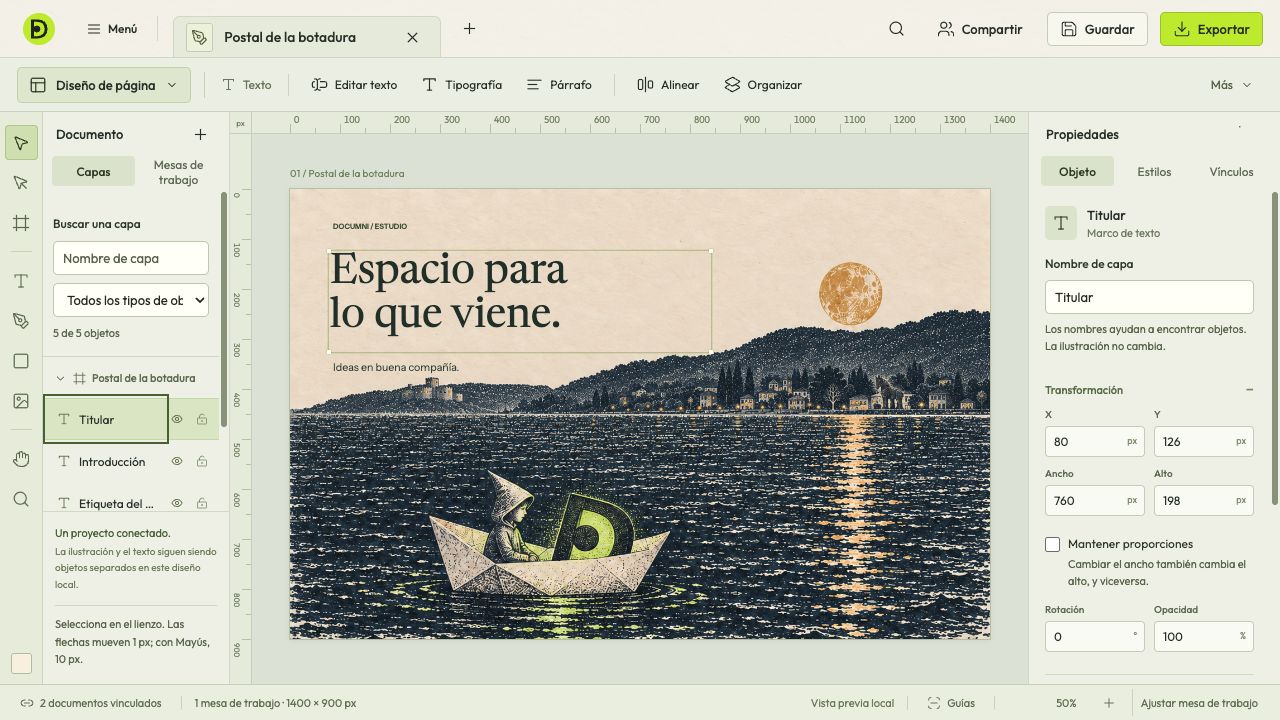 Coloca textos e imágenes en tus páginas y presentaciones.