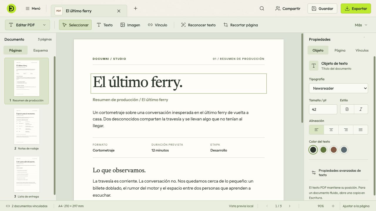 Espacio PDF con un título seleccionado y sus propiedades de texto