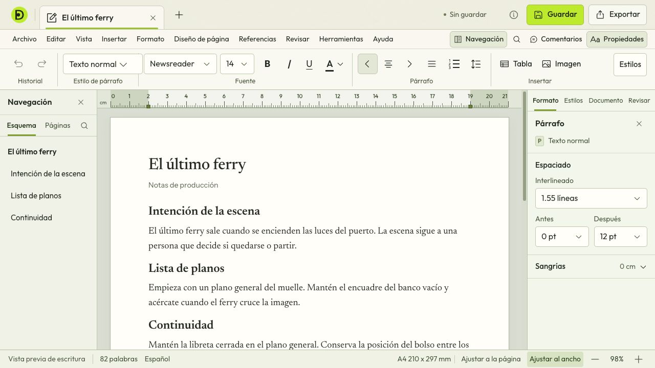 Espacio de Escritura con notas de producción y un esquema del documento