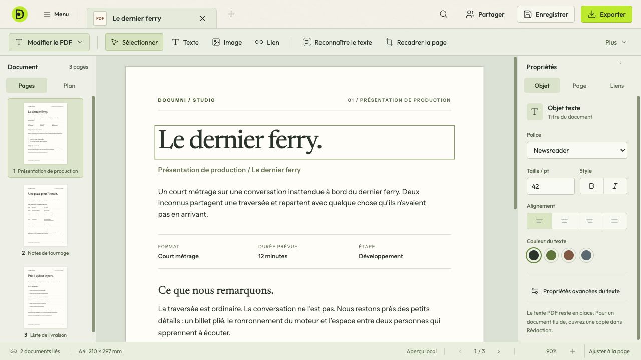 Espace PDF avec un titre sélectionné et ses propriétés typographiques