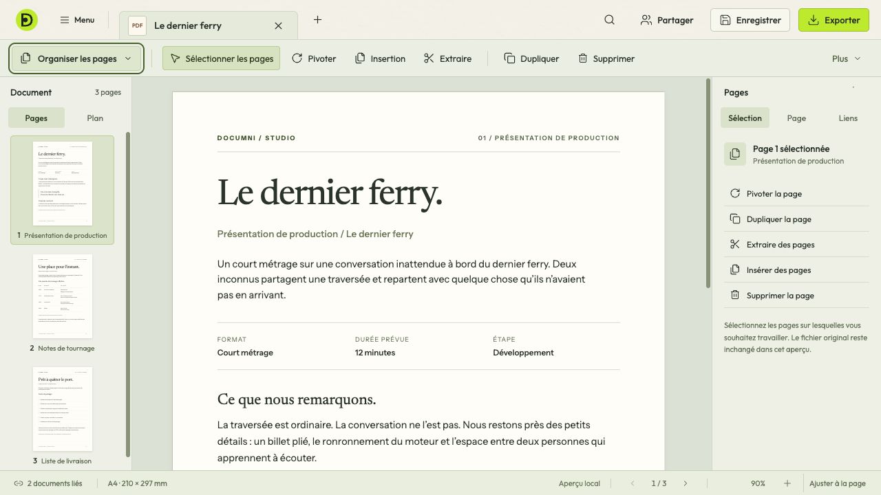 Le PDF et sa liste de pages, côte à côte.