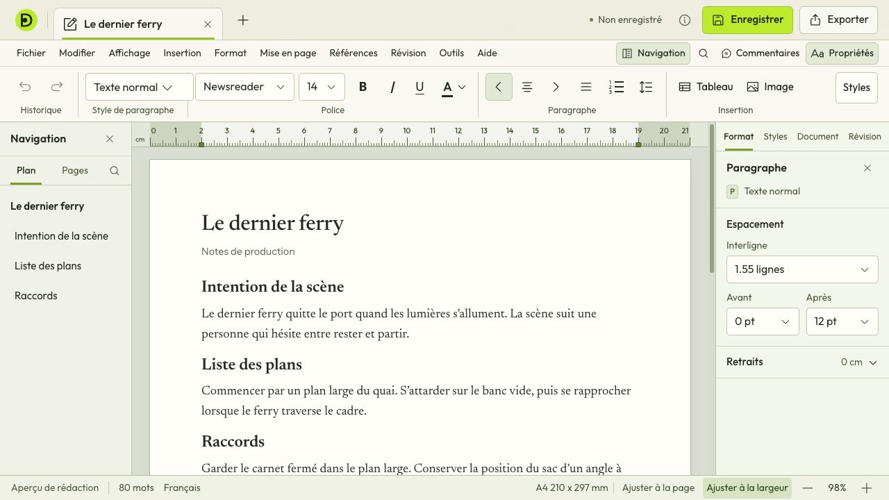 Espace Rédaction de Documni avec des notes de production et le plan du document
