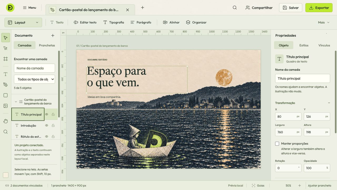 Posicione textos e imagens em páginas e apresentações.