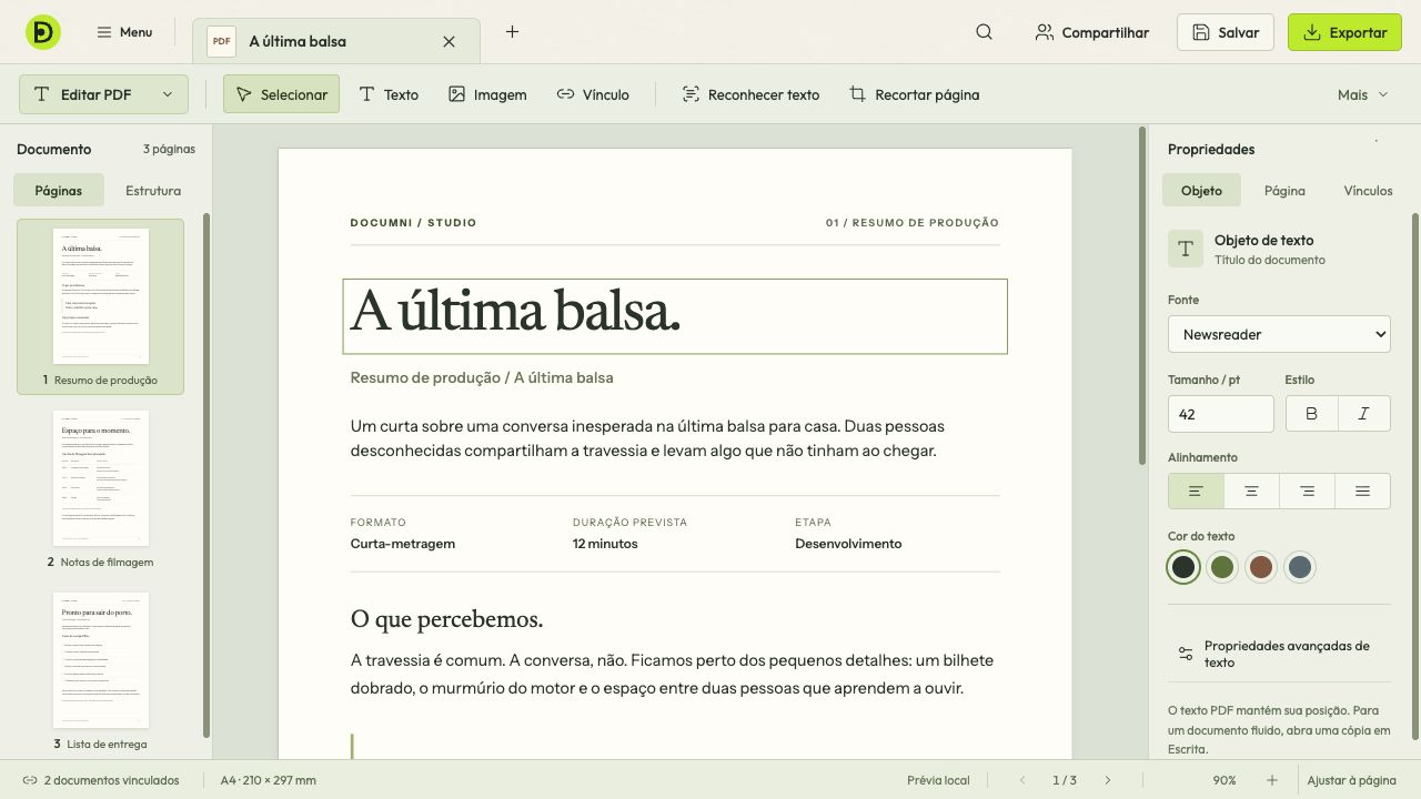 Espaço PDF com um título selecionado e suas propriedades de texto