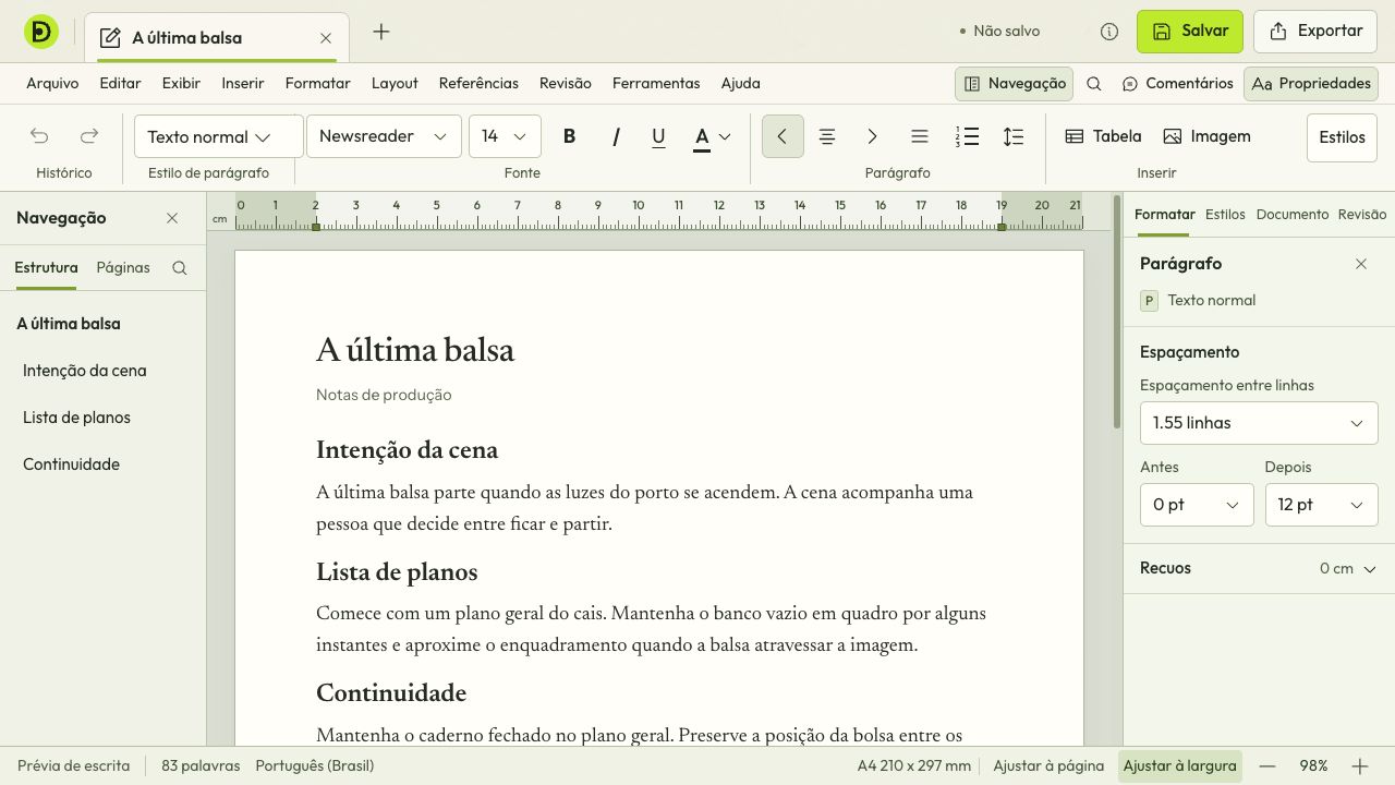 Espaço de Texto do Documni com notas de produção e a estrutura do documento