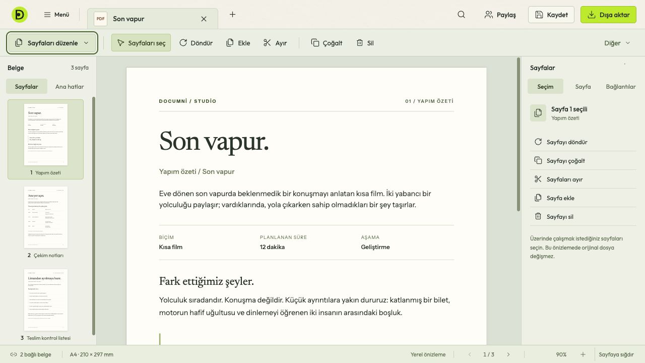Sayfa listesi ve PDF belgesi birlikte.
