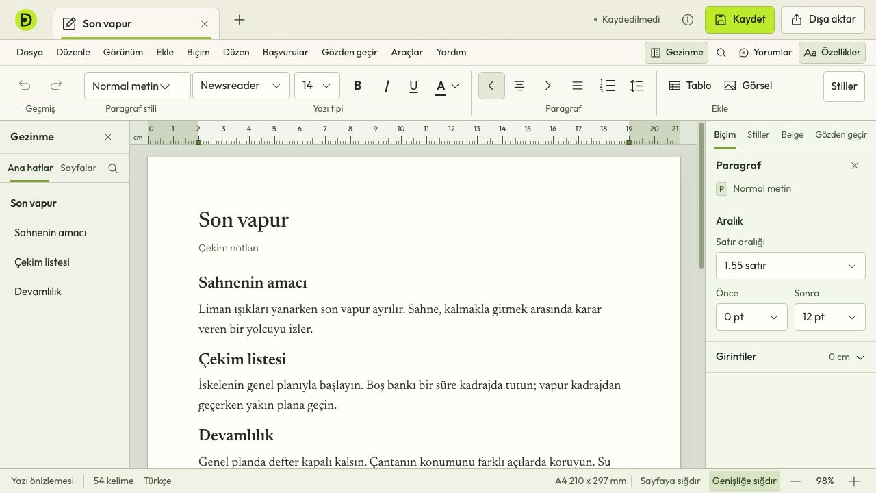 Documni Yazı çalışma alanında örnek bir film projesinin notları ve başlık listesi