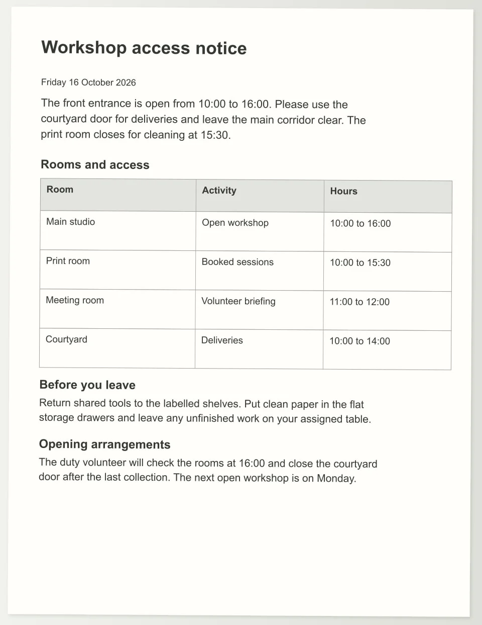 Explore an example workshop access notice as a page image and an editable document. Inspect the wording and the separate paragraphs and table in the download, then try changing the details for another session.