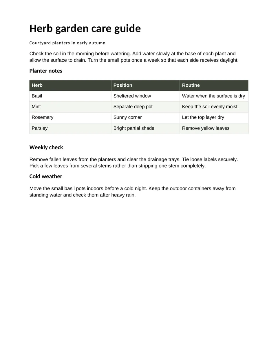 Editable sample: Explore an example herb garden care card as a photographed page and an editable Word file. Compare the headings and care instructions, then open the document to adjust wording or reorganise a section.