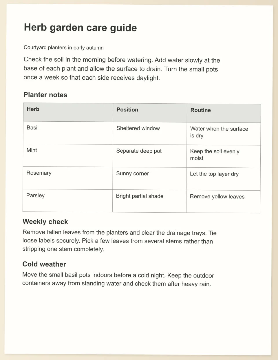 Explore an example herb garden care card as a photographed page and an editable Word file. Compare the headings and care instructions, then open the document to adjust wording or reorganise a section.