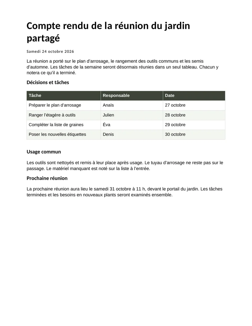 Exemple modifiable: Ouvrez le scan d’un compte rendu de réunion du jardin partagé, tenue le samedi 24 octobre 2026, et le document Word modifiable. Il contient un tableau « Décisions et tâches » de quatre lignes et les sections « Usage commun » et « Prochaine réunion ». Corrigez une date ou ajoutez une tâche.