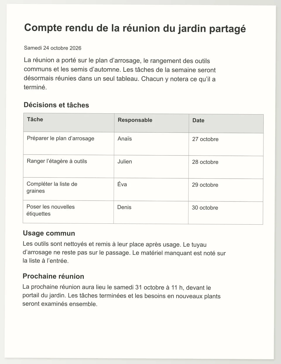 Ouvrez le scan d’un compte rendu de réunion du jardin partagé, tenue le samedi 24 octobre 2026, et le document Word modifiable. Il contient un tableau « Décisions et tâches » de quatre lignes et les sections « Usage commun » et « Prochaine réunion ». Corrigez une date ou ajoutez une tâche.