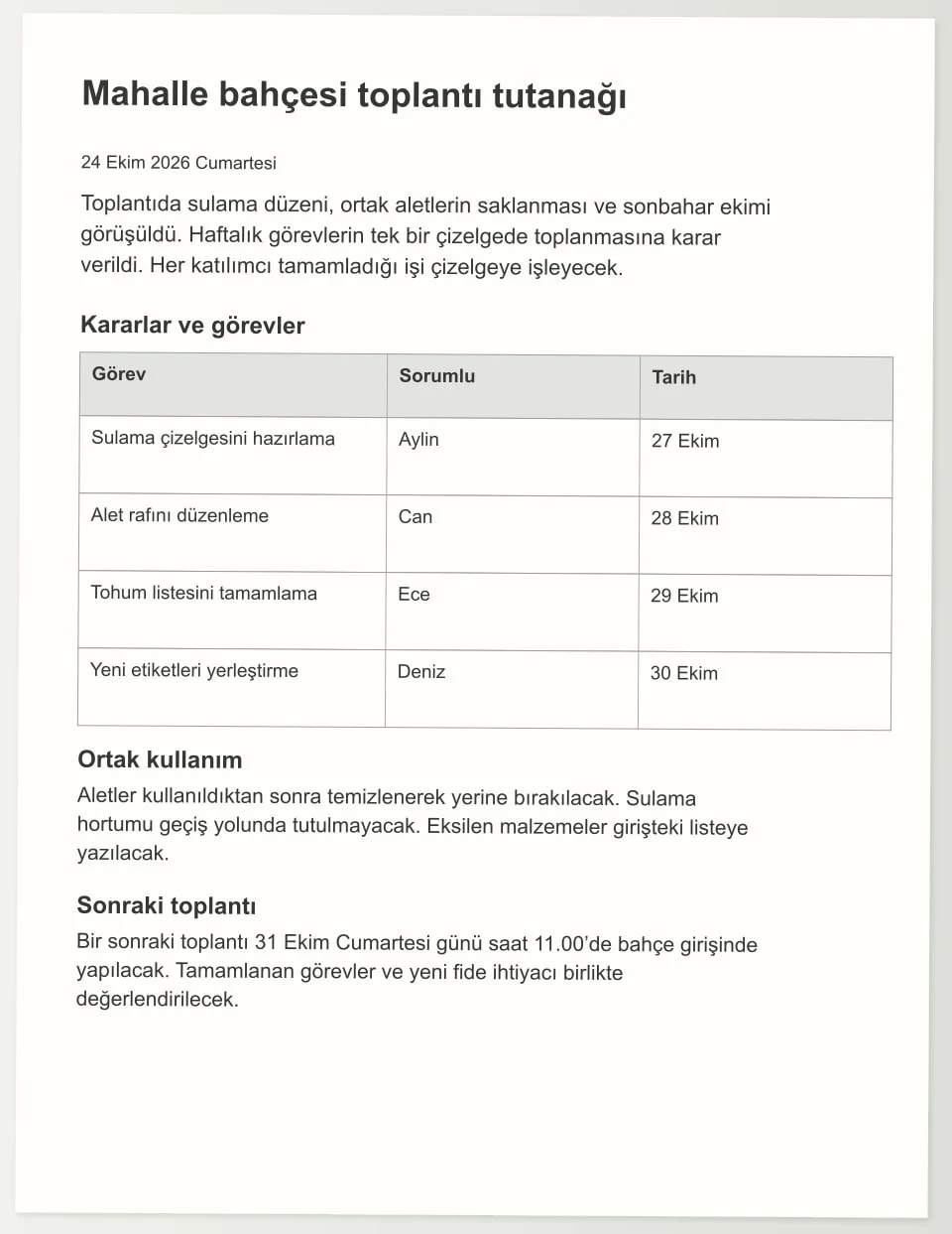 Örnek mahalle toplantı tutanağını bir sayfa görseli ve düzenlenebilir Word dosyası olarak inceleyin. Başlıkların, gündem metninin ve tablonun nasıl ayrı belge öğeleri olarak kullanılabildiğini dosyayı açarak kontrol edin.
